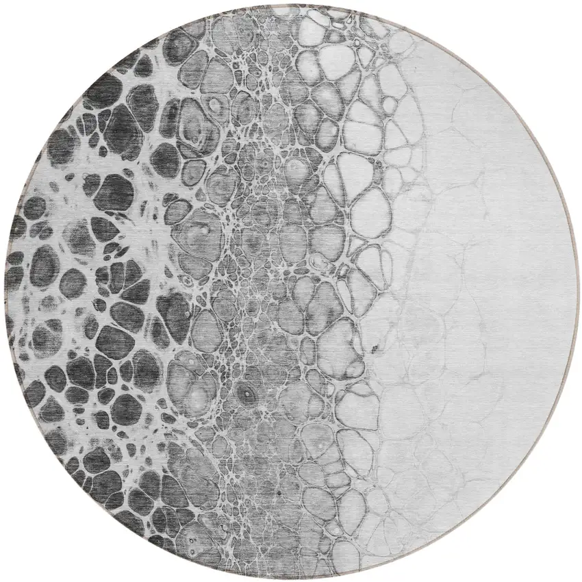 8' Gray Silver And Charcoal Round Abstract Washable Indoor Outdoor Area Rug Photo 1