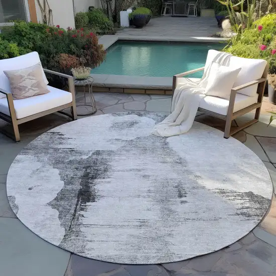 8' Gray Silver And Charcoal Round Abstract Washable Indoor Outdoor Area Rug Photo 5