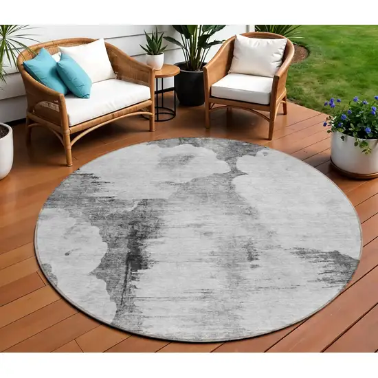 8' Gray Silver And Charcoal Round Abstract Washable Indoor Outdoor Area Rug Photo 1