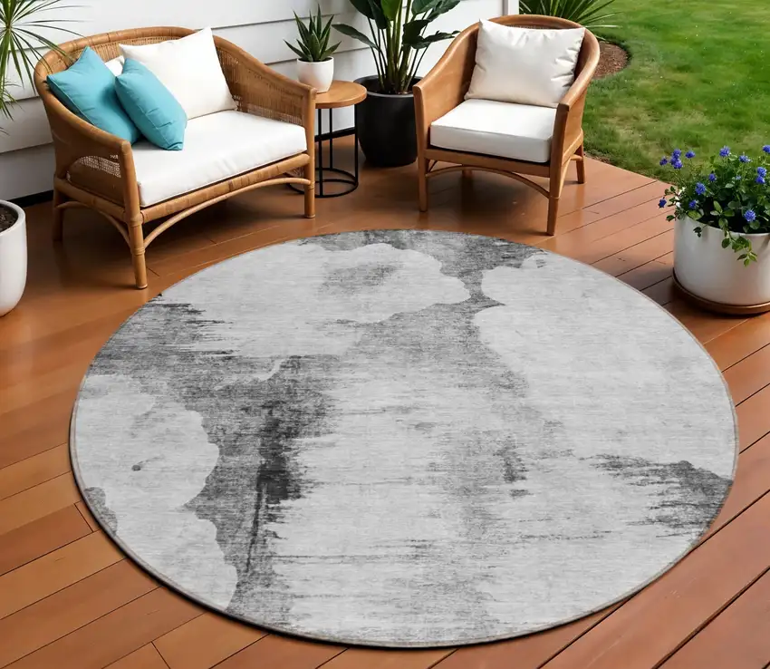 8' Gray Silver And Charcoal Round Abstract Washable Indoor Outdoor Area Rug Photo 1