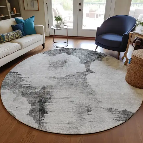8' Gray Silver And Charcoal Round Abstract Washable Indoor Outdoor Area Rug Photo 6