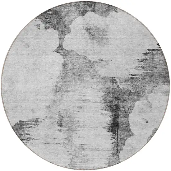 8' Gray Silver And Charcoal Round Abstract Washable Indoor Outdoor Area Rug Photo 4