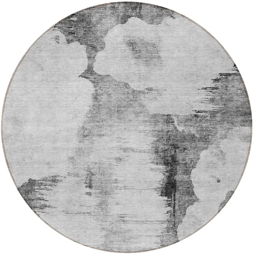 8' Gray Silver And Charcoal Round Abstract Washable Indoor Outdoor Area Rug Photo 4