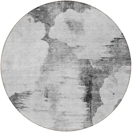 8' Gray Silver And Charcoal Round Abstract Washable Indoor Outdoor Area Rug Photo 4