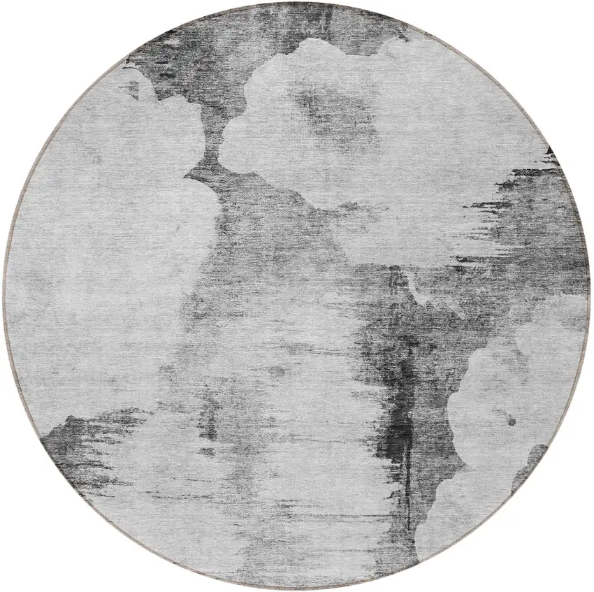 8' Gray Silver And Charcoal Round Abstract Washable Indoor Outdoor Area Rug Photo 4