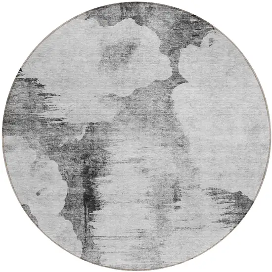8' Gray Silver And Charcoal Round Abstract Washable Indoor Outdoor Area Rug Photo 1