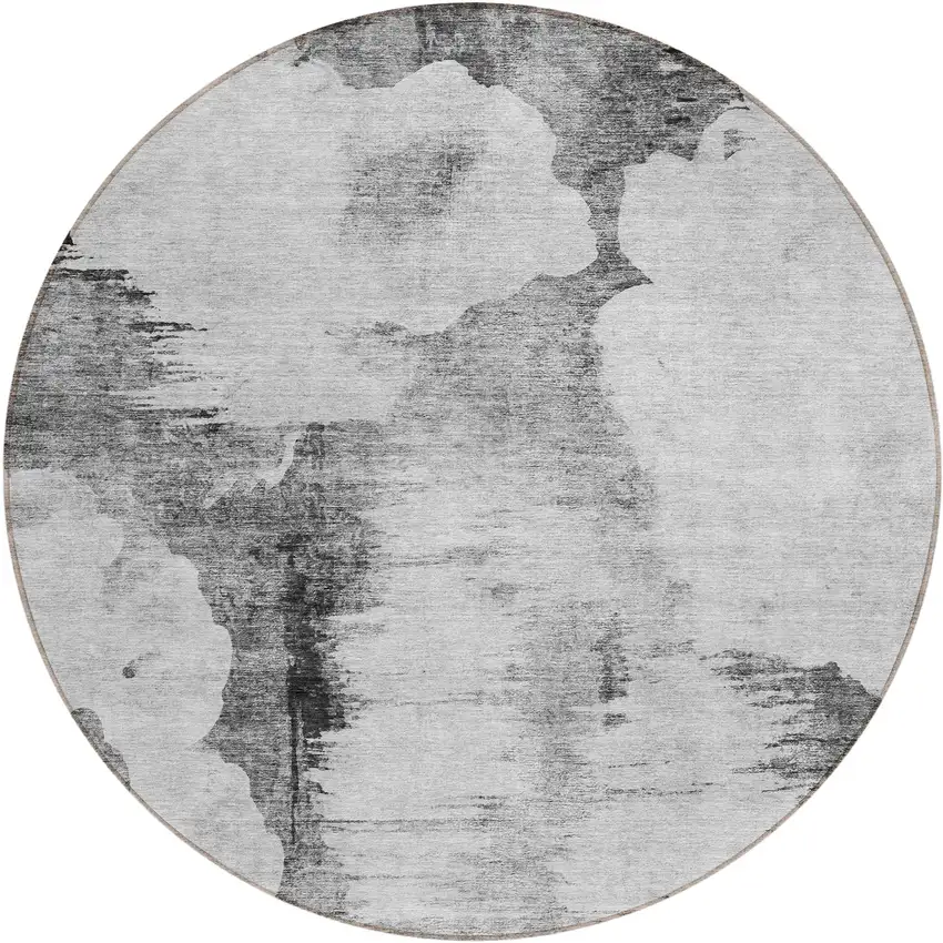 8' Gray Silver And Charcoal Round Abstract Washable Indoor Outdoor Area Rug Photo 1