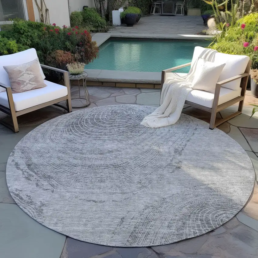 8' Gray Silver And Charcoal Round Abstract Washable Indoor Outdoor Area Rug Photo 6