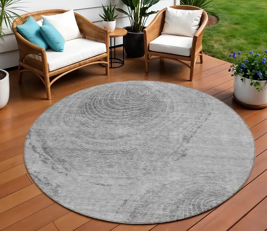 8' Gray Silver And Charcoal Round Abstract Washable Indoor Outdoor Area Rug Photo 1