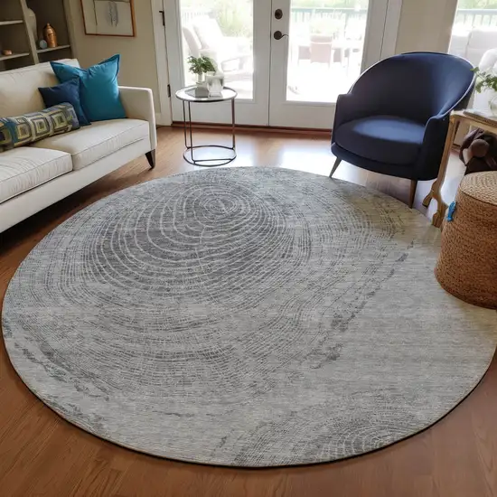 8' Gray Silver And Charcoal Round Abstract Washable Indoor Outdoor Area Rug Photo 7