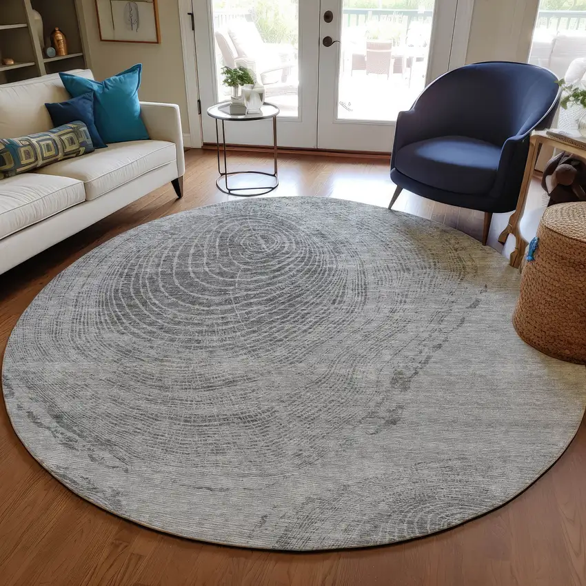 8' Gray Silver And Charcoal Round Abstract Washable Indoor Outdoor Area Rug Photo 7
