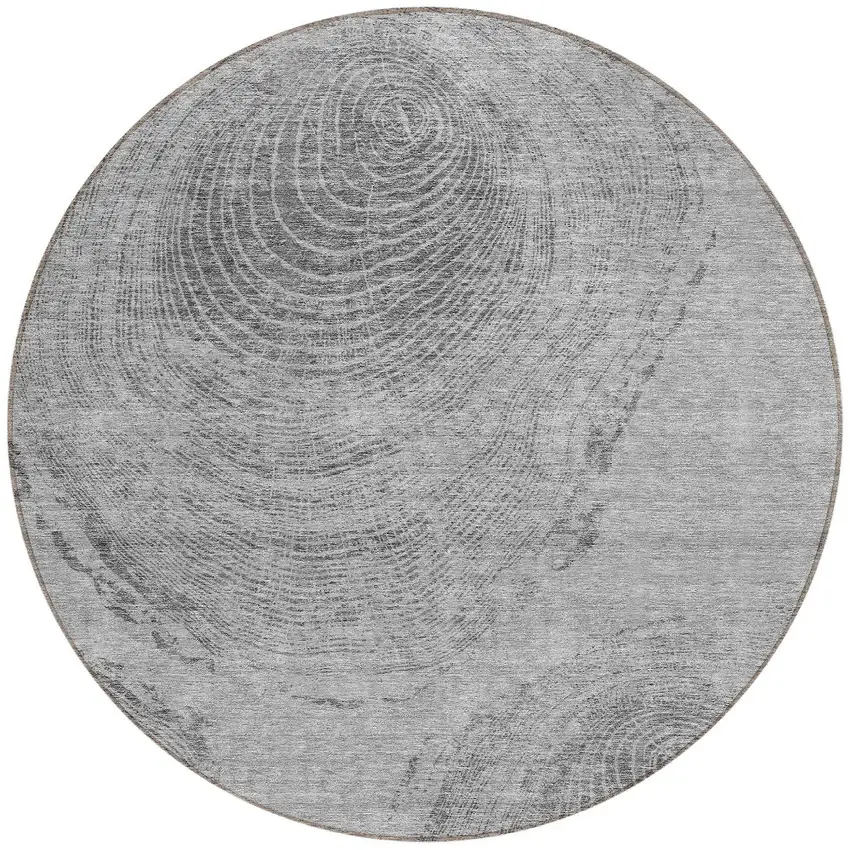 8' Gray Silver And Charcoal Round Abstract Washable Indoor Outdoor Area Rug Photo 5