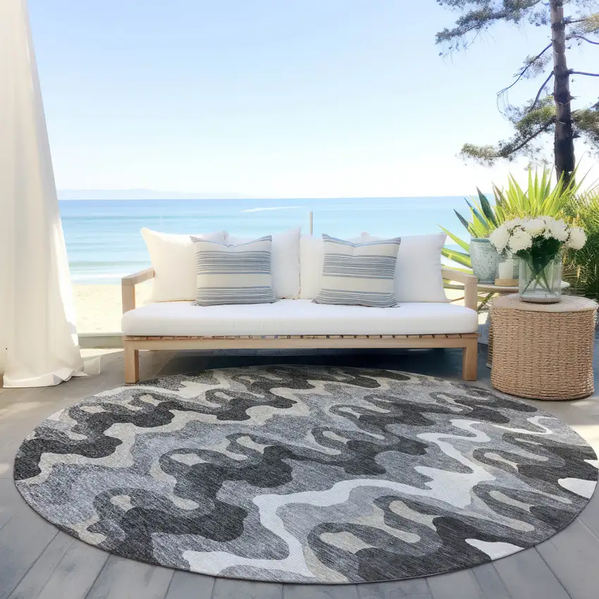 8' Gray Silver And Charcoal Round Abstract Washable Indoor Outdoor Area Rug Photo 5