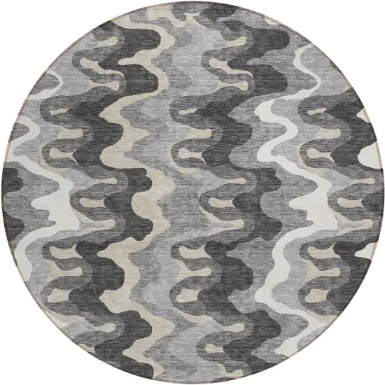 8' Gray Silver And Charcoal Round Abstract Washable Indoor Outdoor Area Rug Photo 1