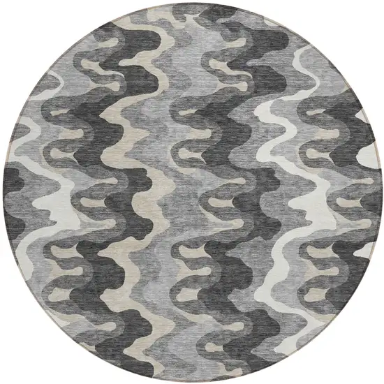 8' Gray Silver And Charcoal Round Abstract Washable Indoor Outdoor Area Rug Photo 1