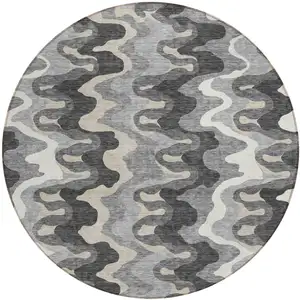 Photo of 8' Gray Silver And Charcoal Round Abstract Washable Indoor Outdoor Area Rug