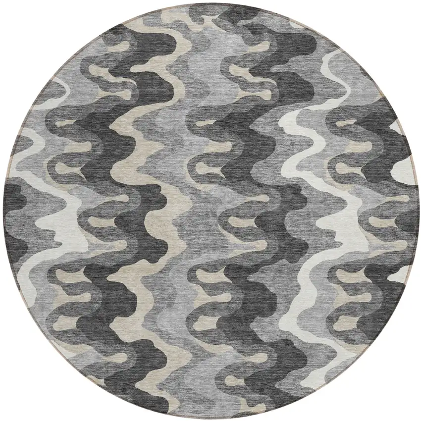 8' Gray Silver And Charcoal Round Abstract Washable Indoor Outdoor Area Rug Photo 1