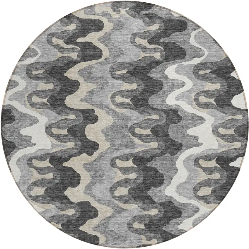 8' Gray Silver And Charcoal Round Abstract Washable Indoor Outdoor Area Rug Photo 1