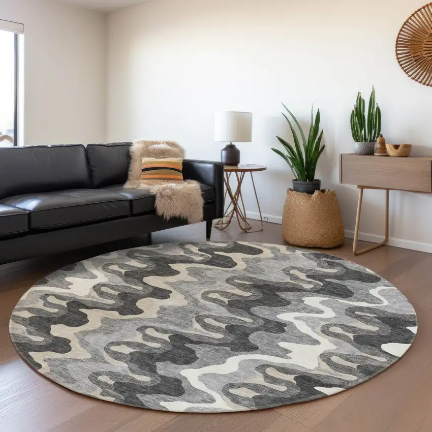 8' Gray Silver And Charcoal Round Abstract Washable Indoor Outdoor Area Rug Photo 6