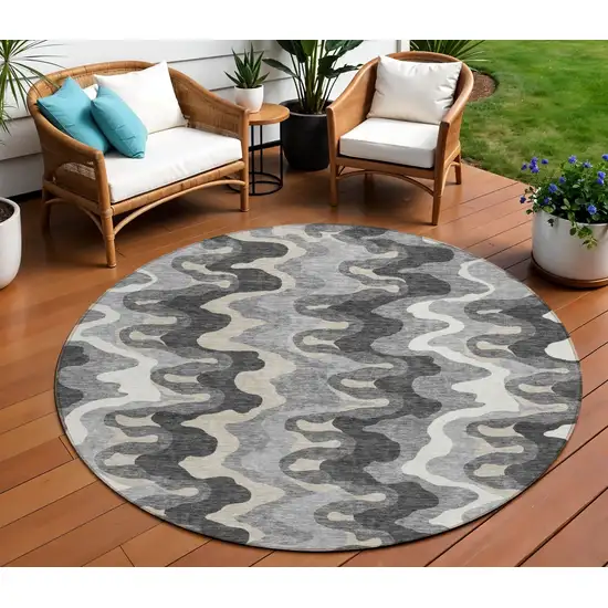 8' Gray Silver And Charcoal Round Abstract Washable Indoor Outdoor Area Rug Photo 1