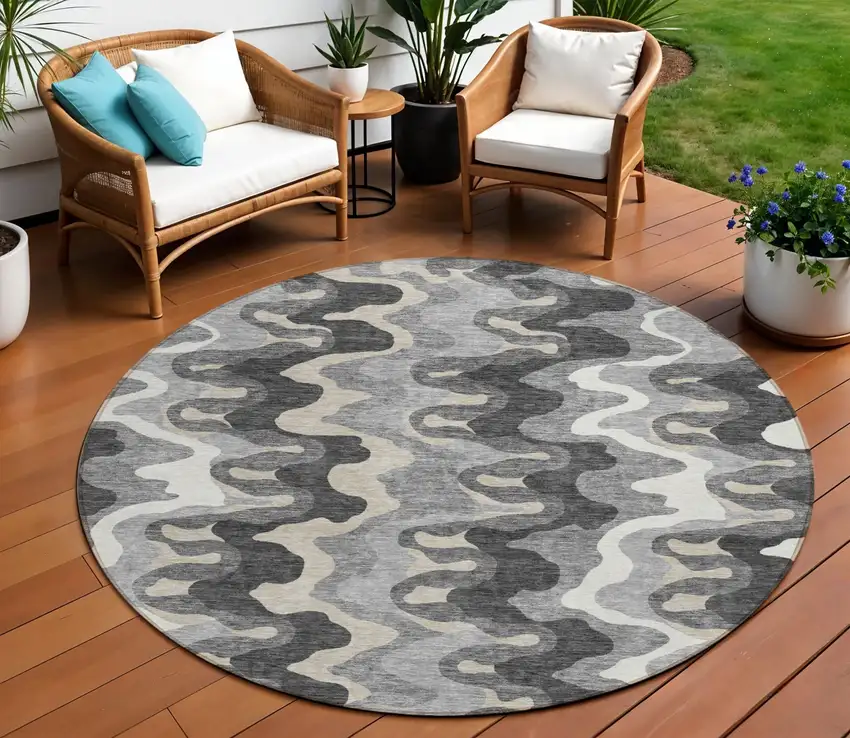 8' Gray Silver And Charcoal Round Abstract Washable Indoor Outdoor Area Rug Photo 1