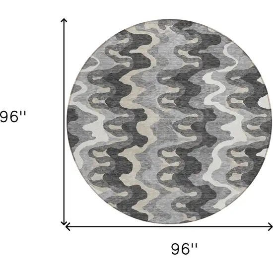 8' Gray Silver And Charcoal Round Abstract Washable Indoor Outdoor Area Rug Photo 7