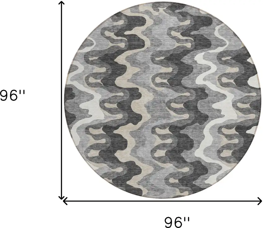 8' Gray Silver And Charcoal Round Abstract Washable Indoor Outdoor Area Rug Photo 7