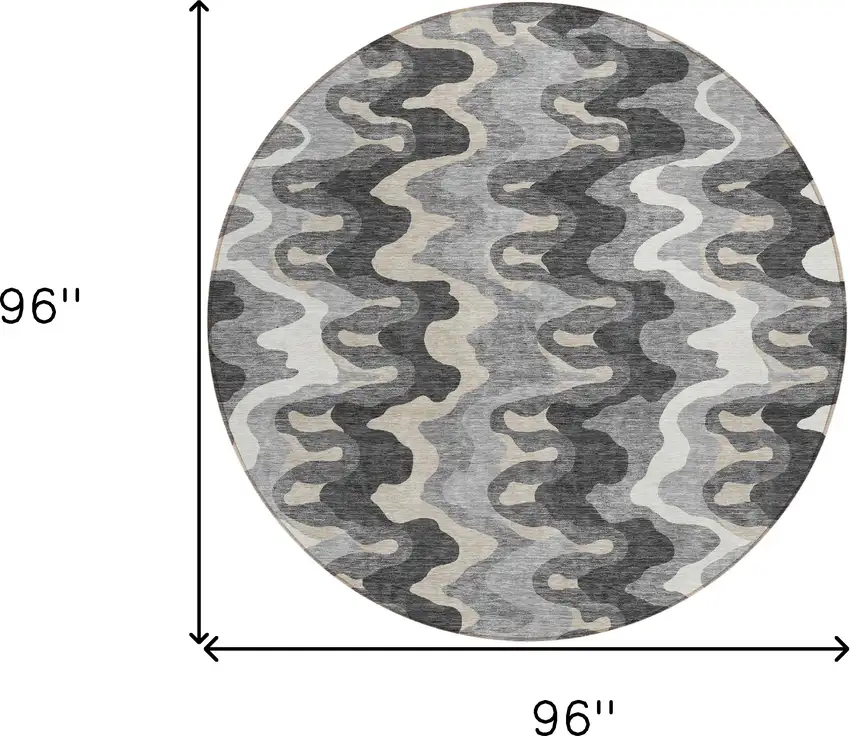 8' Gray Silver And Charcoal Round Abstract Washable Indoor Outdoor Area Rug Photo 7