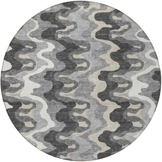 8' Gray Silver And Charcoal Round Abstract Washable Indoor Outdoor Area Rug Photo 4