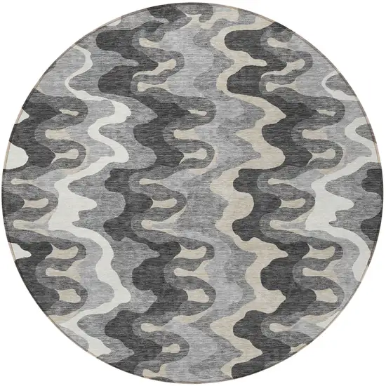 8' Gray Silver And Charcoal Round Abstract Washable Indoor Outdoor Area Rug Photo 4