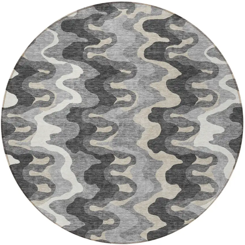 8' Gray Silver And Charcoal Round Abstract Washable Indoor Outdoor Area Rug Photo 4