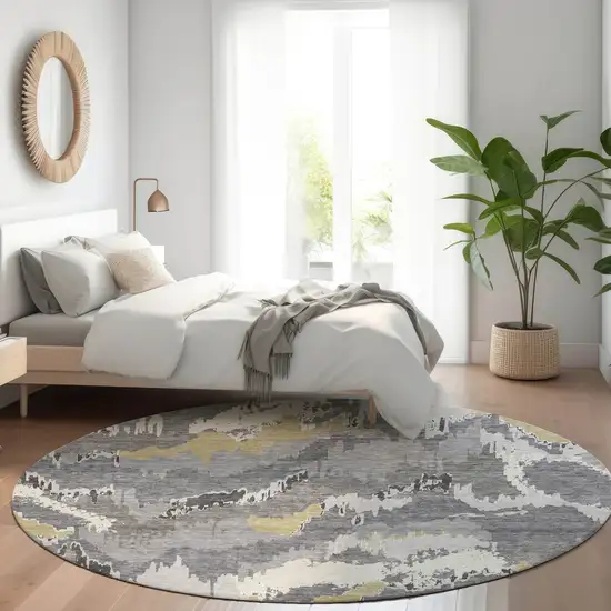 8' Gray Silver And Charcoal Round Abstract Washable Indoor Outdoor Area Rug Photo 9