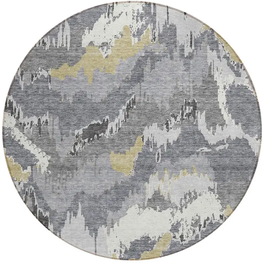 8' Gray Silver And Charcoal Round Abstract Washable Indoor Outdoor Area Rug Photo 8