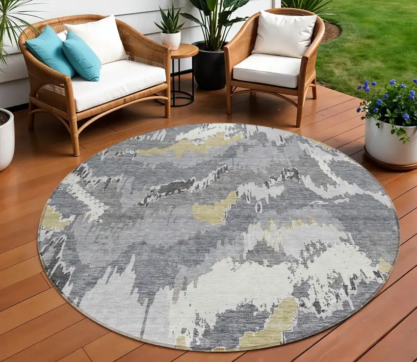 8' Gray Silver And Charcoal Round Abstract Washable Indoor Outdoor Area Rug Photo 1