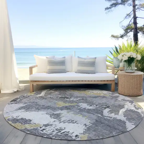 8' Gray Silver And Charcoal Round Abstract Washable Indoor Outdoor Area Rug Photo 9