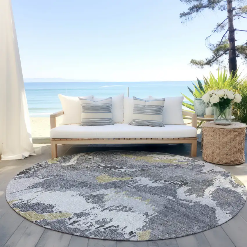 8' Gray Silver And Charcoal Round Abstract Washable Indoor Outdoor Area Rug Photo 9