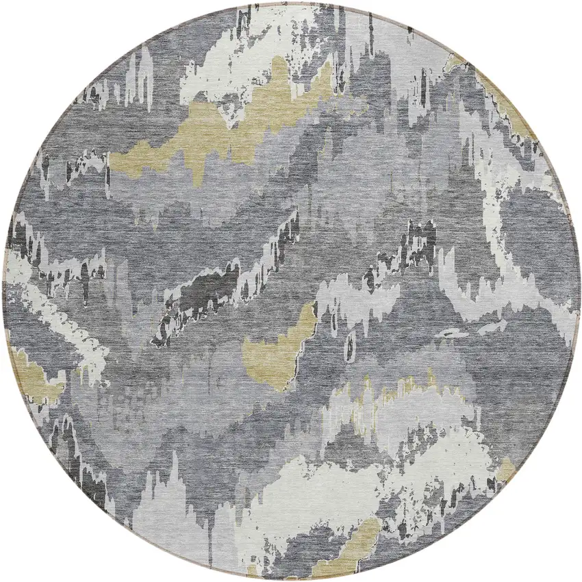 8' Gray Silver And Charcoal Round Abstract Washable Indoor Outdoor Area Rug Photo 2