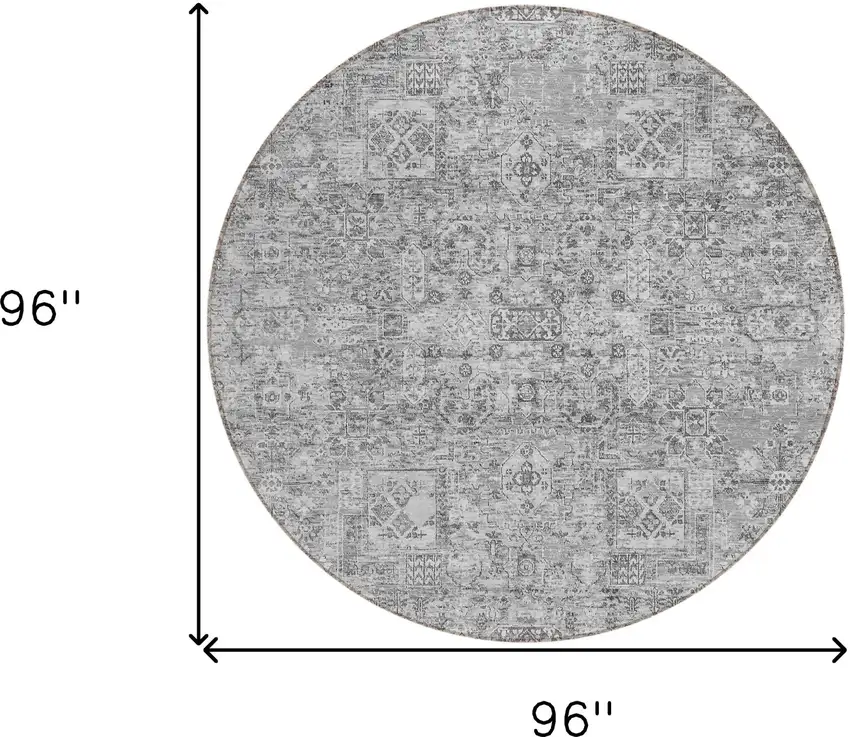 8' Gray Silver And Charcoal Round Floral Washable Indoor Outdoor Area Rug Photo 3
