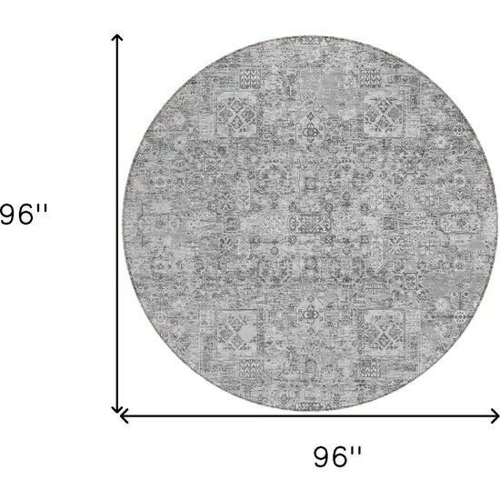 8' Gray Silver And Charcoal Round Floral Washable Indoor Outdoor Area Rug Photo 3