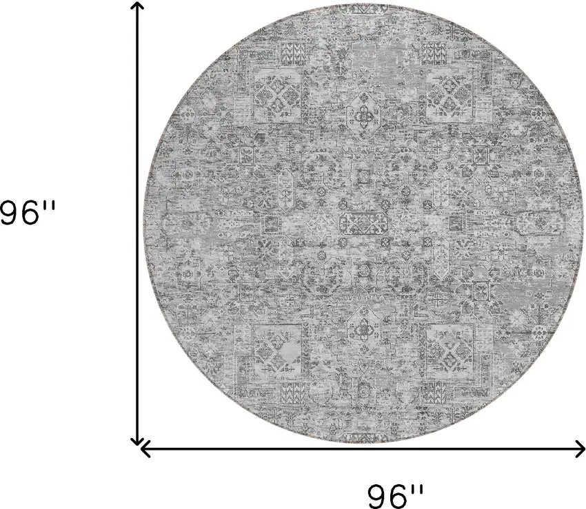 8' Gray Silver And Charcoal Round Floral Washable Indoor Outdoor Area Rug Photo 3