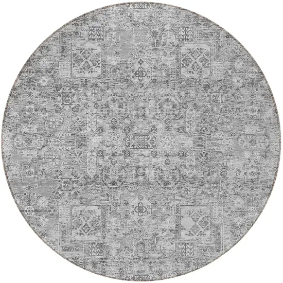 8' Gray Silver And Charcoal Round Floral Washable Indoor Outdoor Area Rug Photo 5