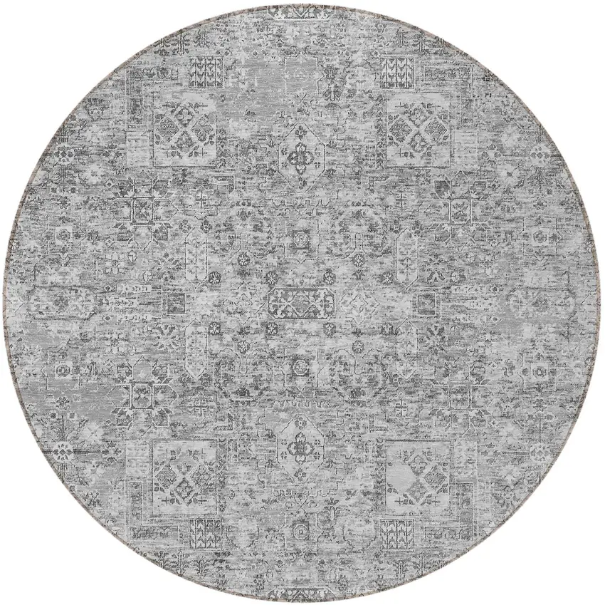 8' Gray Silver And Charcoal Round Floral Washable Indoor Outdoor Area Rug Photo 5