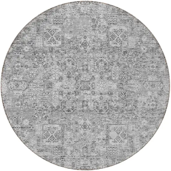 8' Gray Silver And Charcoal Round Floral Washable Indoor Outdoor Area Rug Photo 5