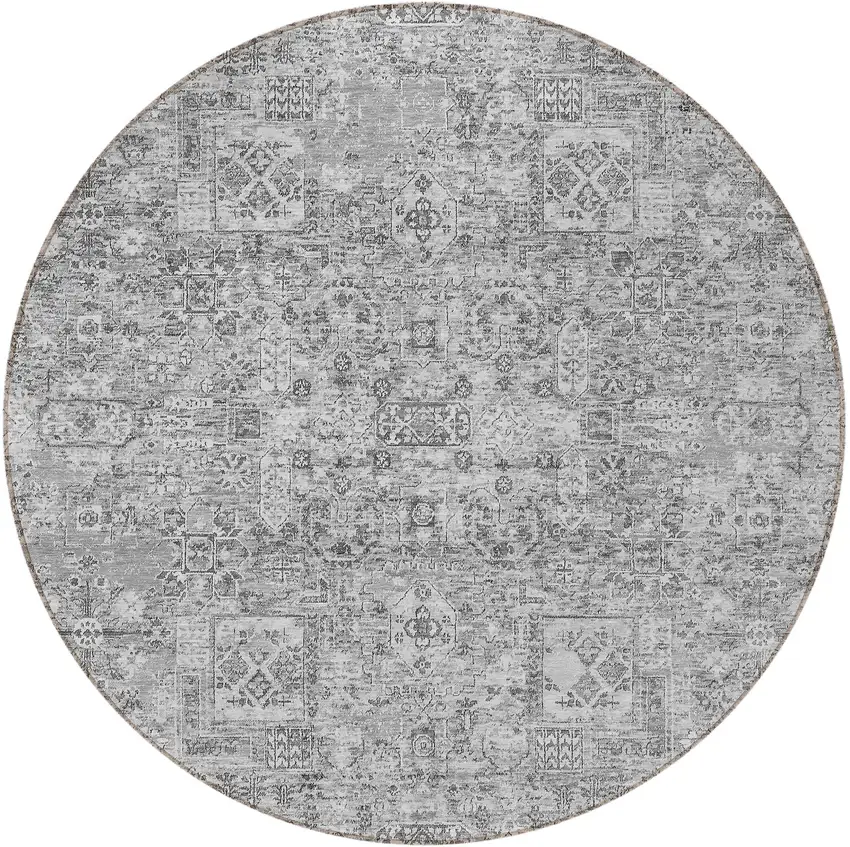 8' Gray Silver And Charcoal Round Floral Washable Indoor Outdoor Area Rug Photo 5