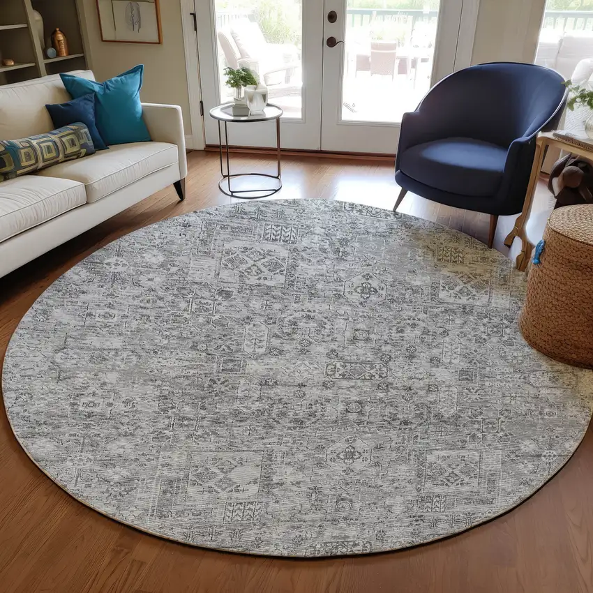 8' Gray Silver And Charcoal Round Floral Washable Indoor Outdoor Area Rug Photo 7