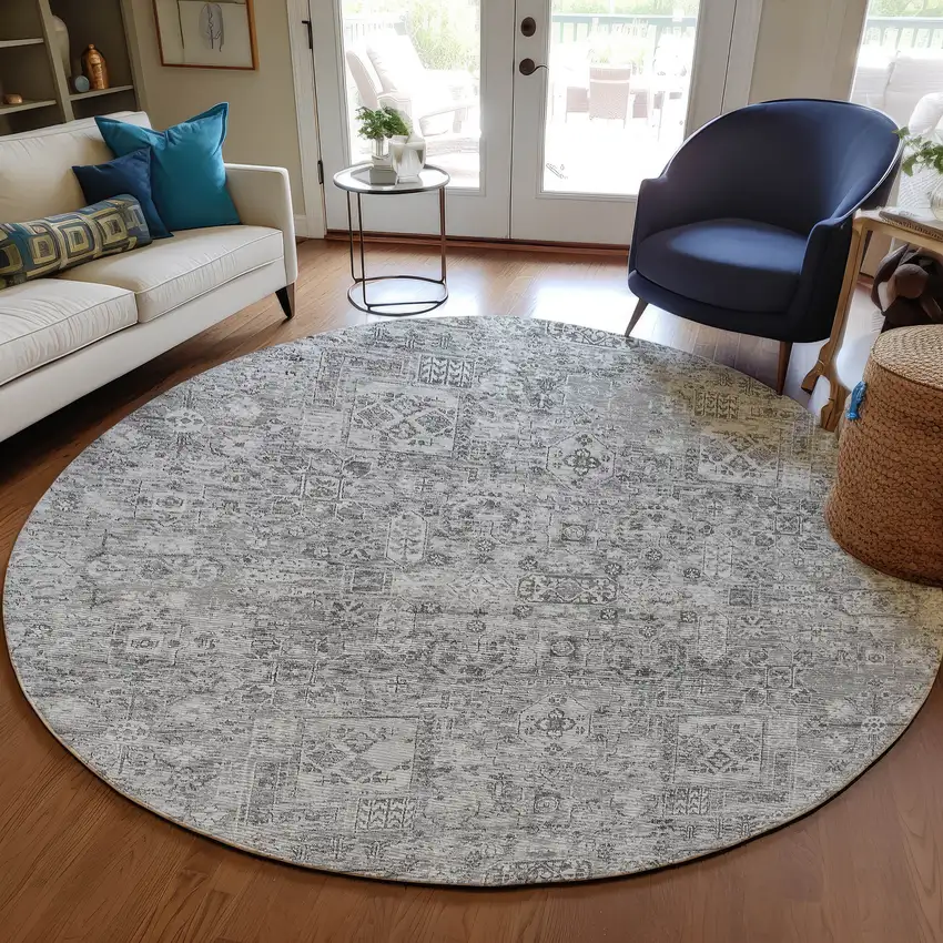 8' Gray Silver And Charcoal Round Floral Washable Indoor Outdoor Area Rug Photo 7