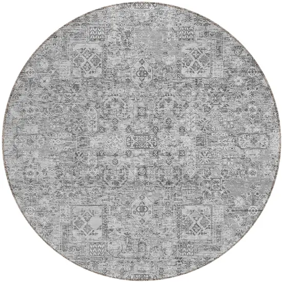 8' Gray Silver And Charcoal Round Floral Washable Indoor Outdoor Area Rug Photo 2