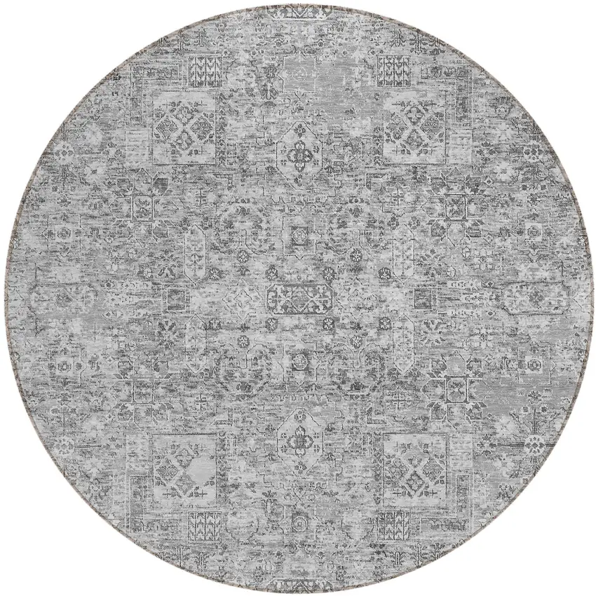 8' Gray Silver And Charcoal Round Floral Washable Indoor Outdoor Area Rug Photo 2