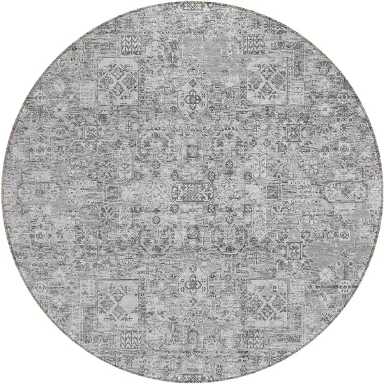 8' Gray Silver And Charcoal Round Floral Washable Indoor Outdoor Area Rug Photo 2