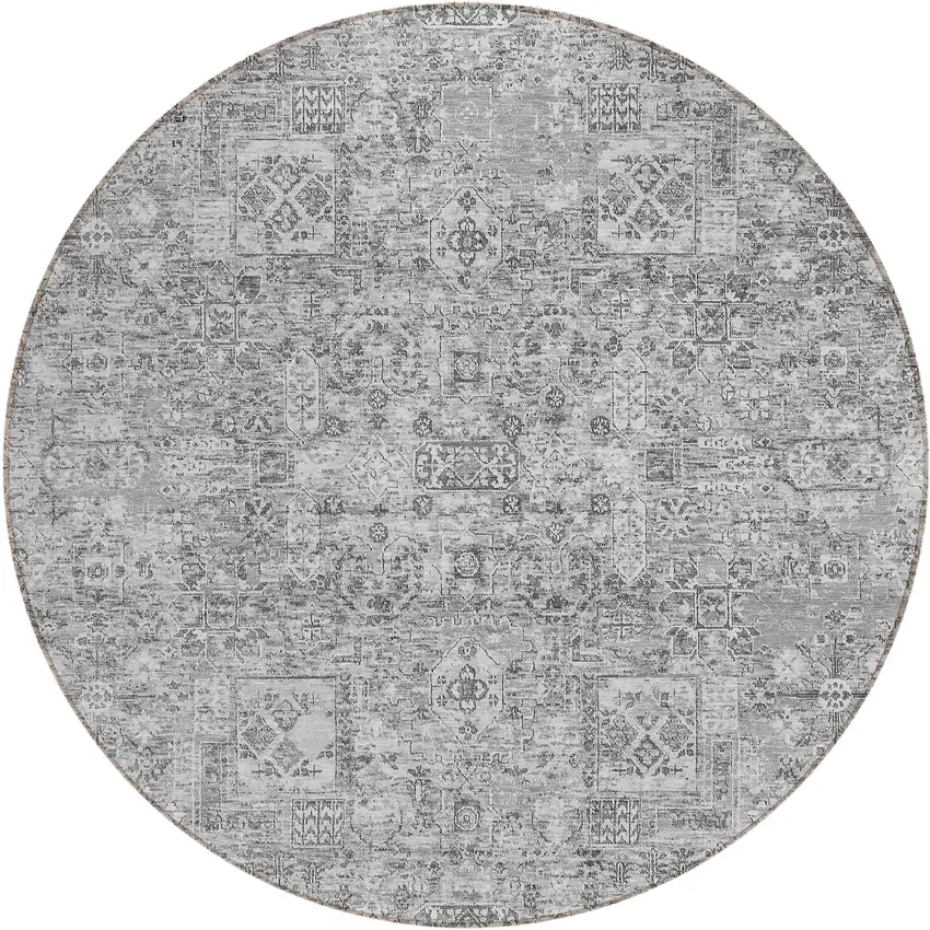 8' Gray Silver And Charcoal Round Floral Washable Indoor Outdoor Area Rug Photo 2